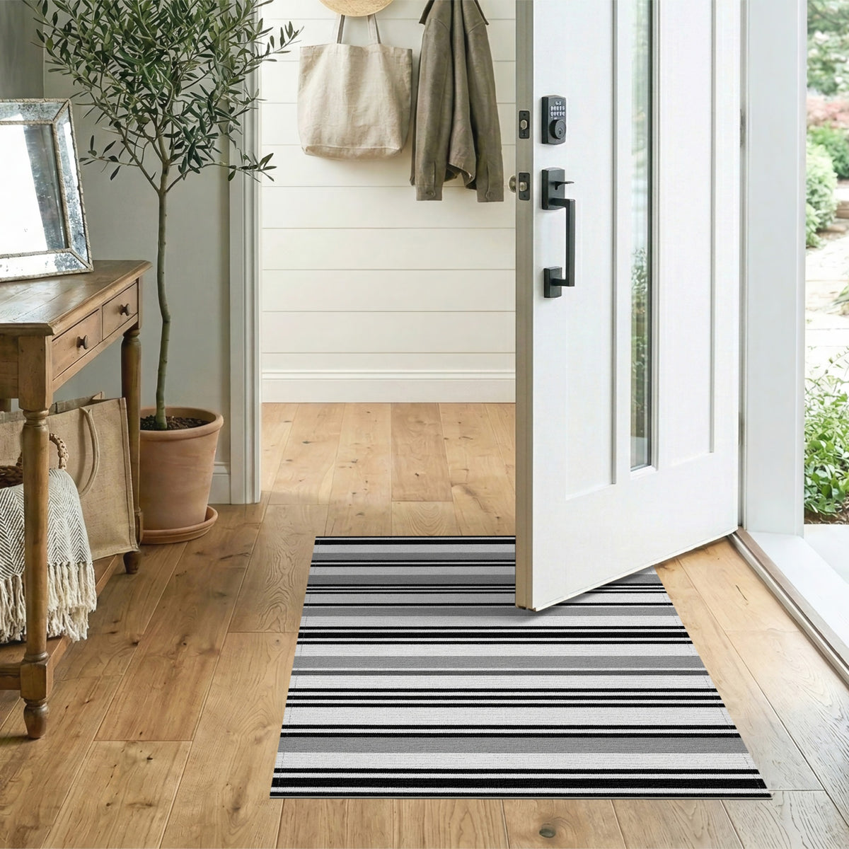 Black White Striped Geometric Area Rug
