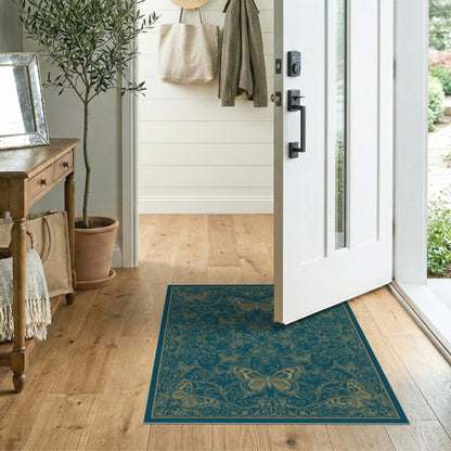 Blue and Teal Gold Butterfly Floral Area Rug