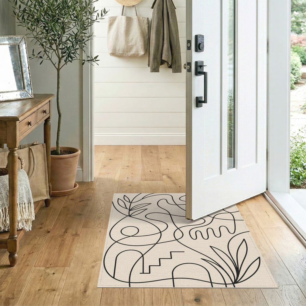 Abstract Area Abstract Line Art Beige Area Rug