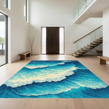 Navy Foamy Waves Sailboats Rug