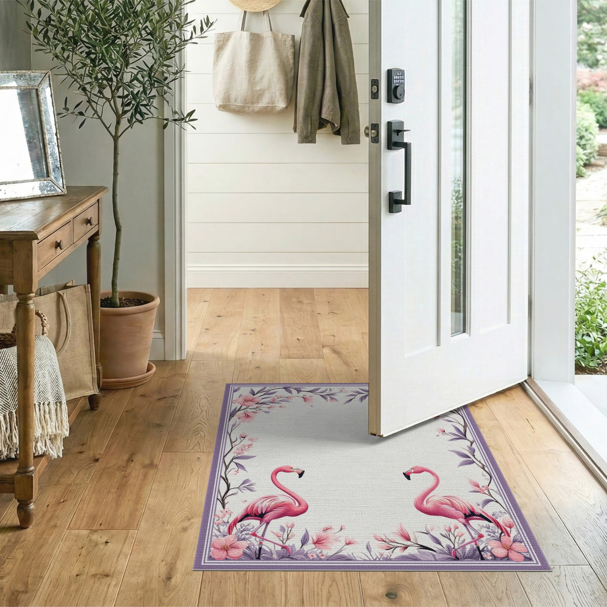 Pink Flamingo Floral Pink Area Rug