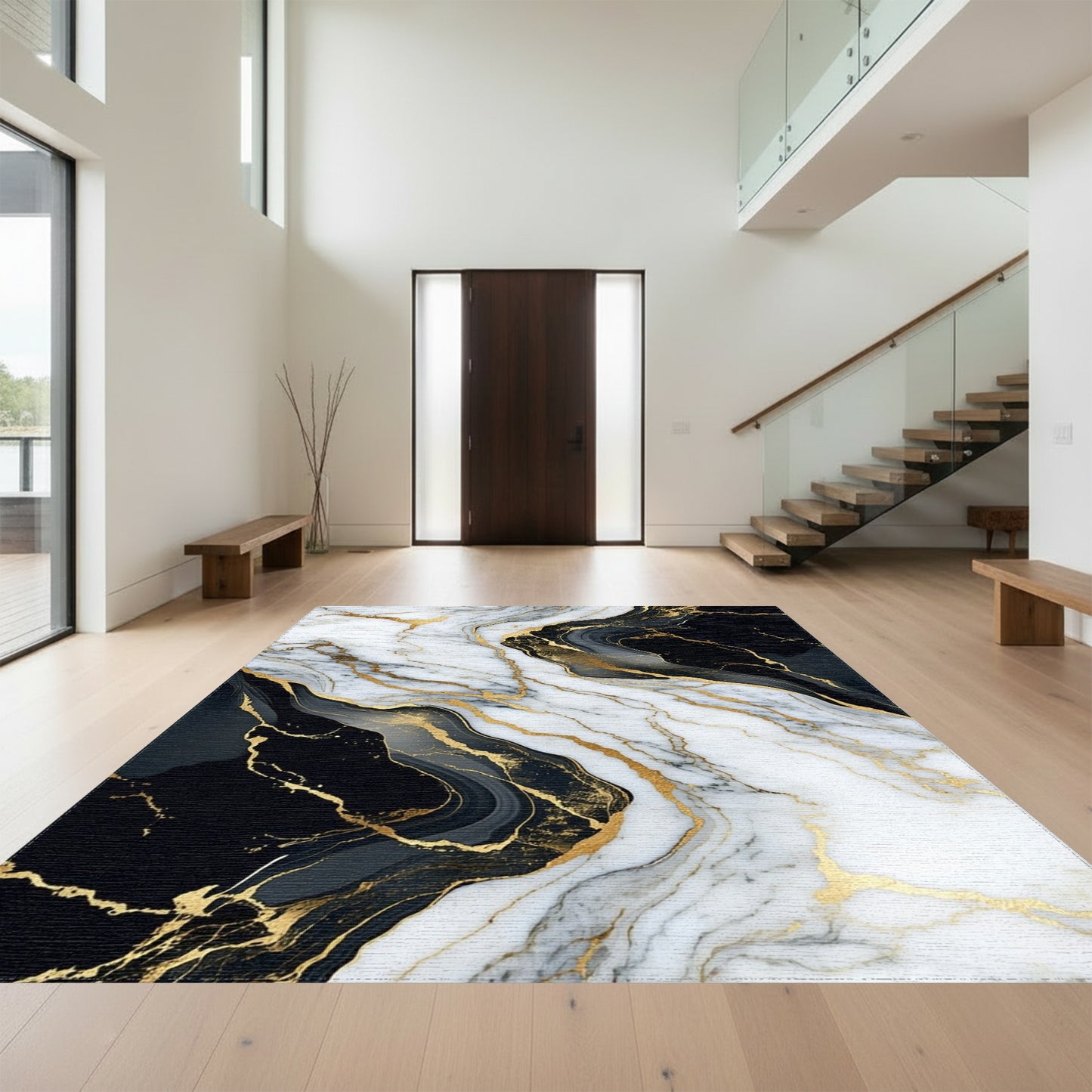White Black Gold Veined Marble Rug