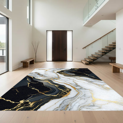 White Black Gold Veined Marble Rug