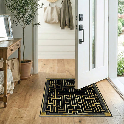 Gold and Silver Black Gold Geometric Maze Area Rug