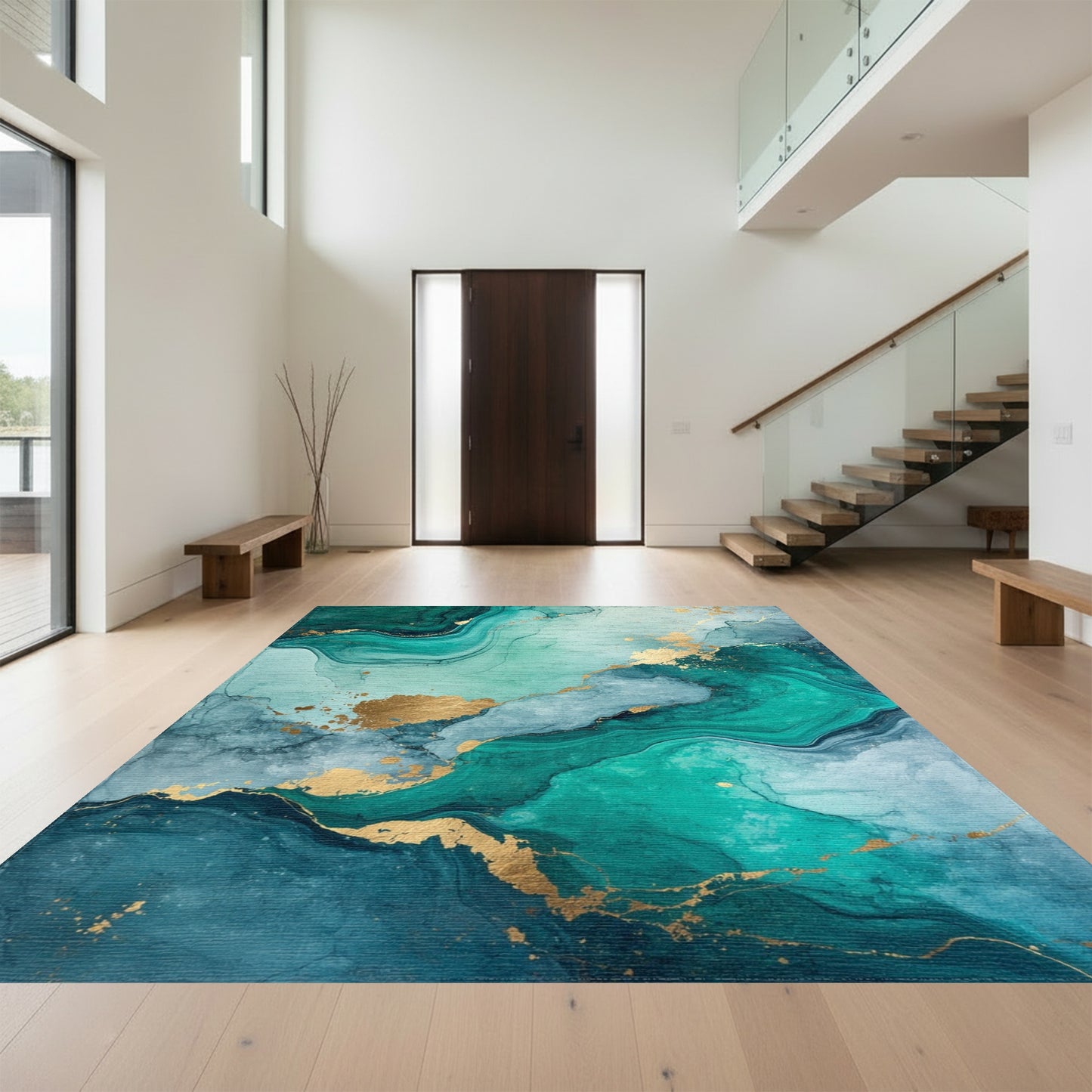 Emerald Teal Gold Fluid Marble Rug