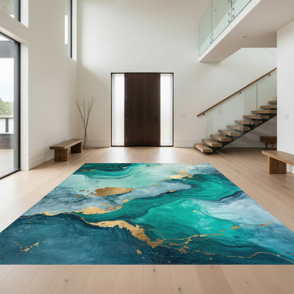 Emerald Teal Gold Fluid Marble Rug