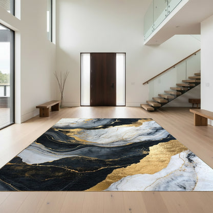 Black White Gold Swirling Veins Rug