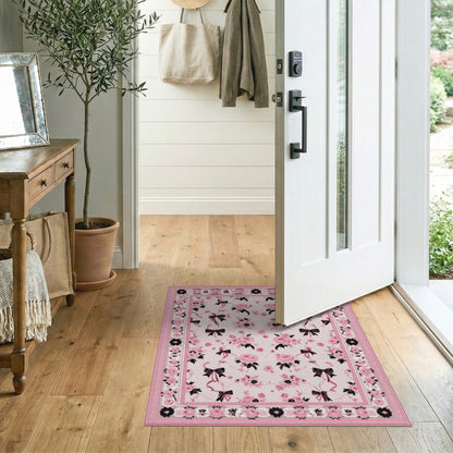 Pink Roses and Bows Floral Area Rug