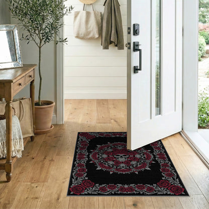 Floral Vintage Red Rose Skull Area Rug