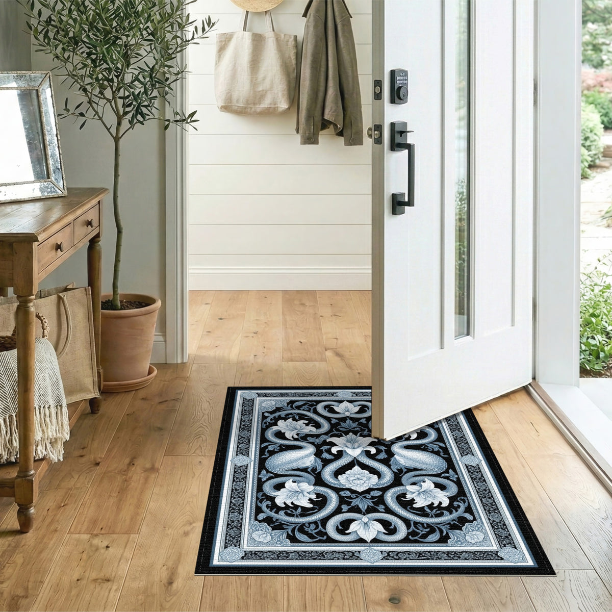 Blue and Teal Blue Serpent Floral Vintage Area Rug