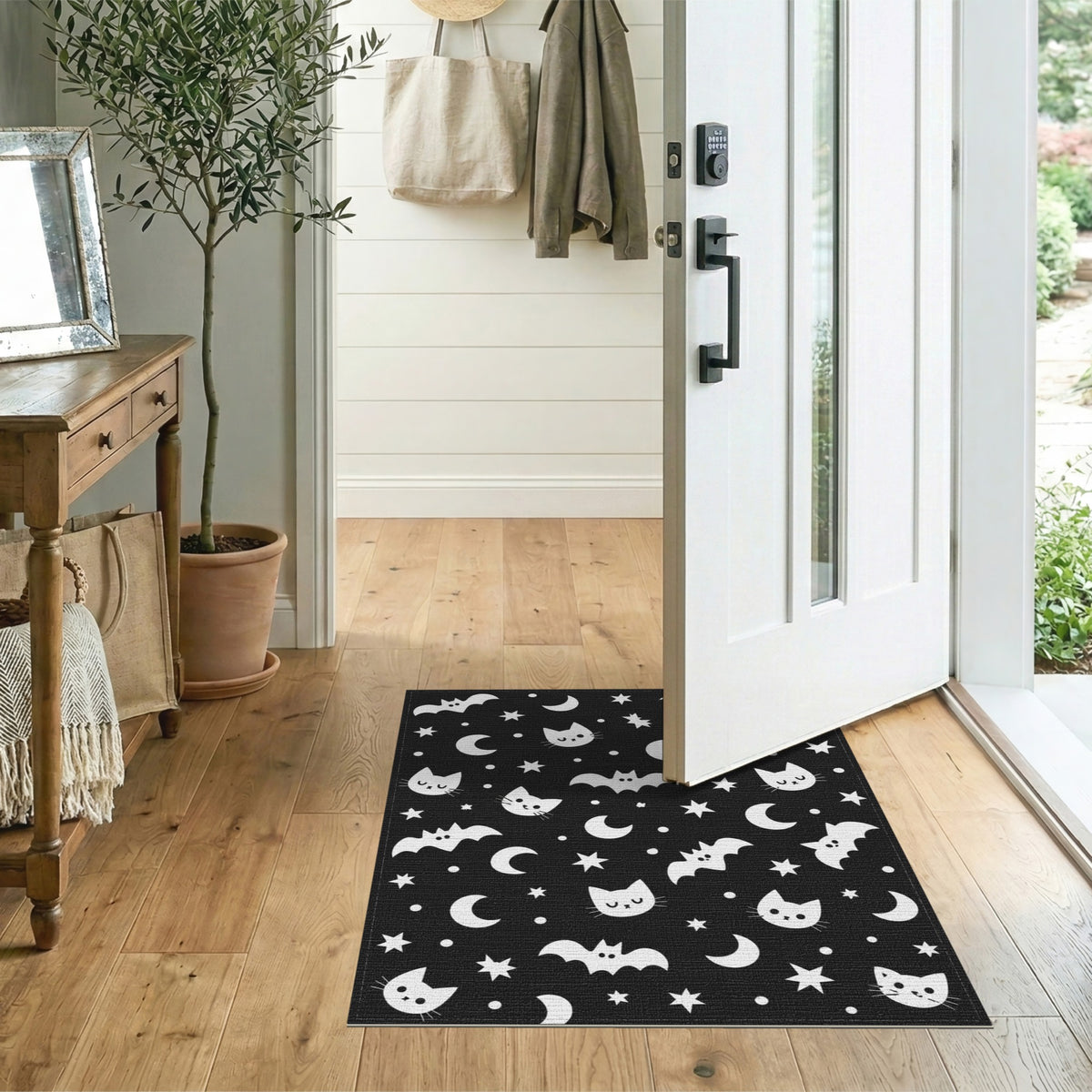 Black White Cats Bats Kids Area Rug