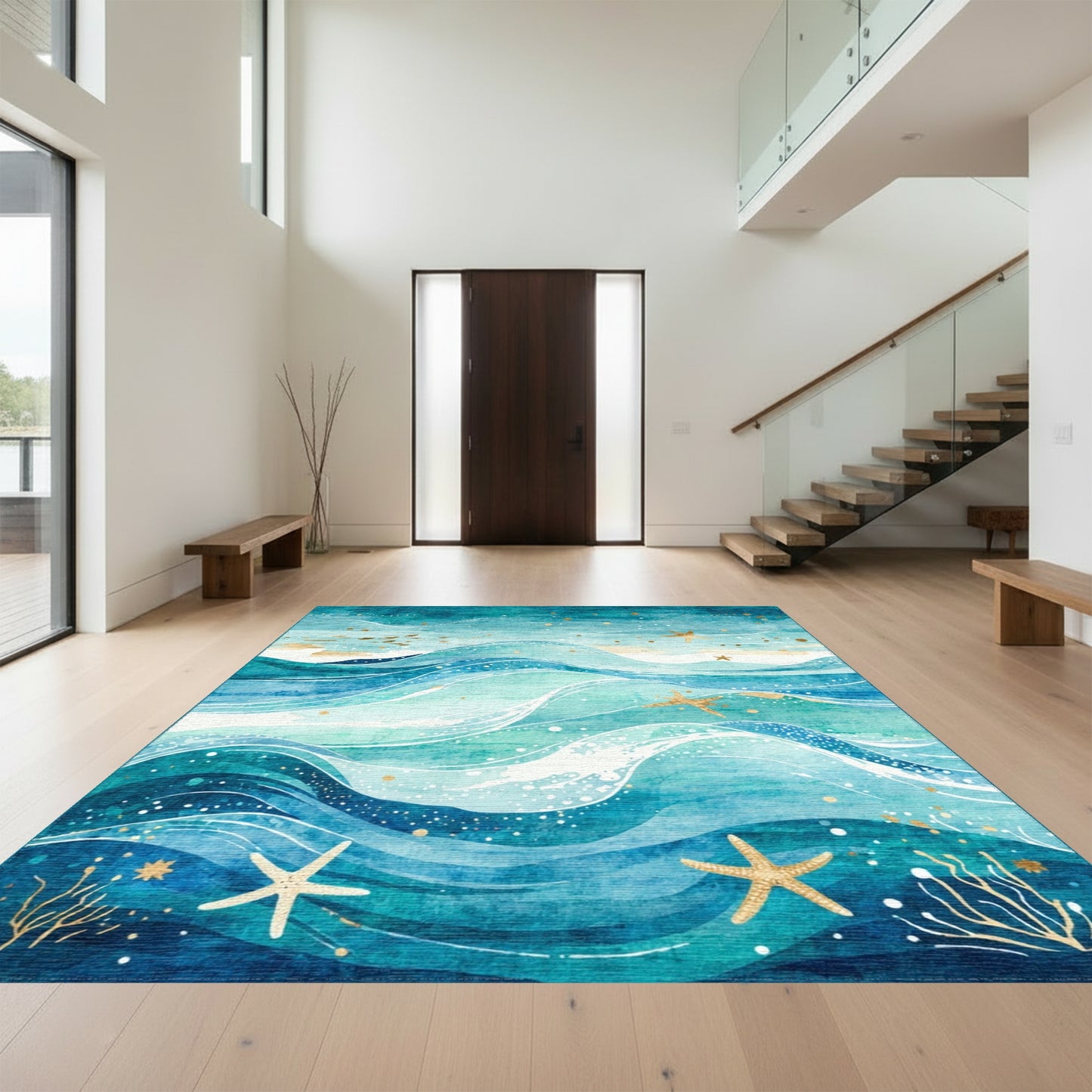 Teal Waves Gold Starfish Rug