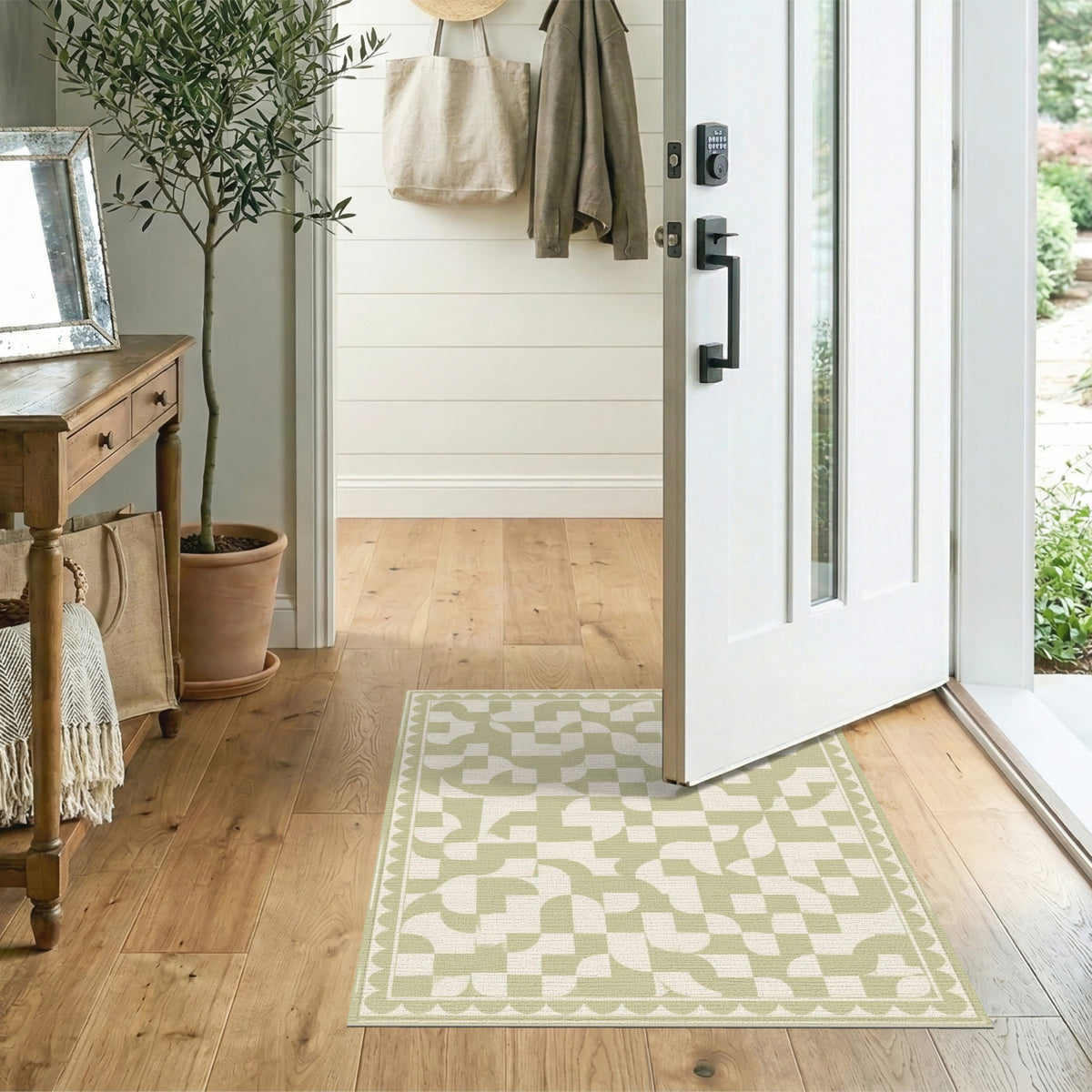 Sage Green Geometric Scalloped Area Rug