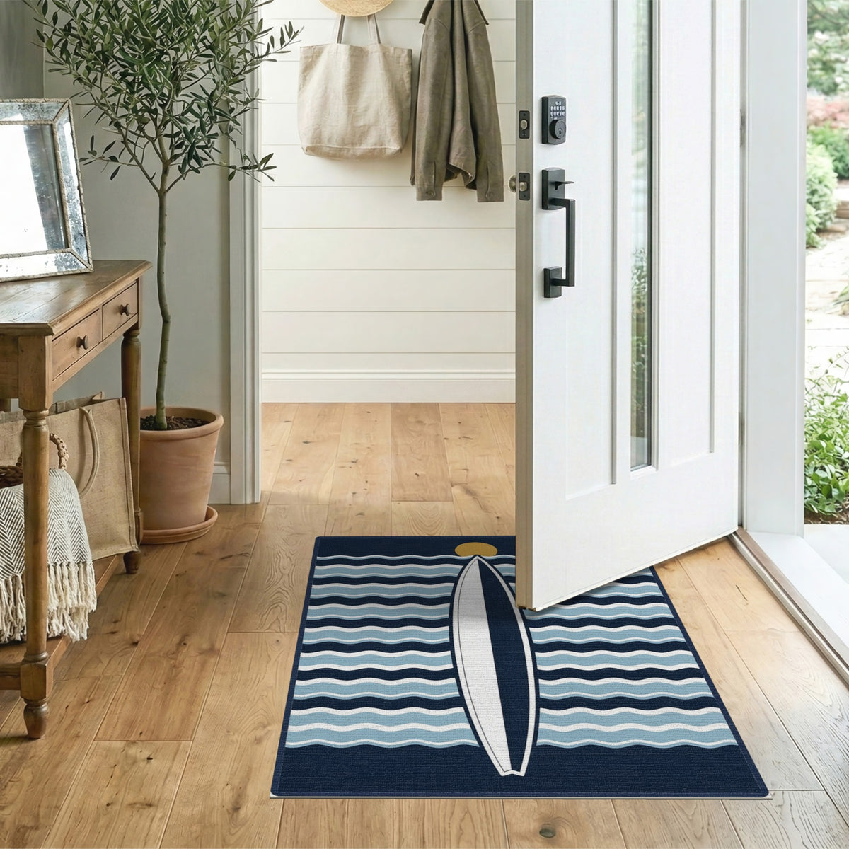 Coastal Surfboard Blue Waves Area Rug