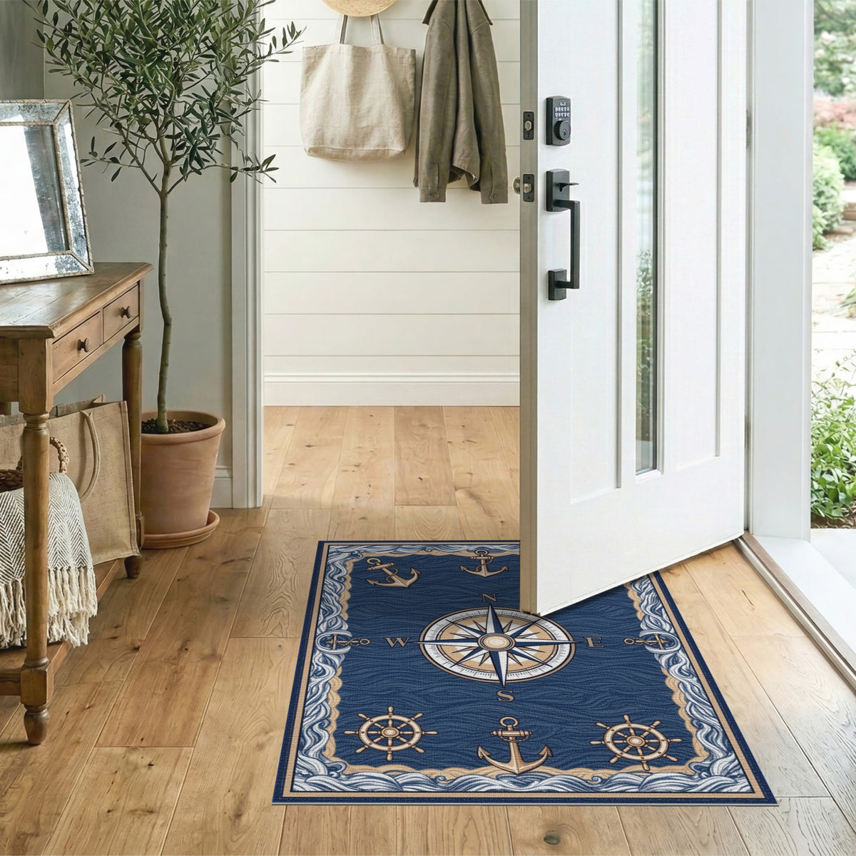 Coastal Beach Blue Nautical Compass Anchor Area Rug