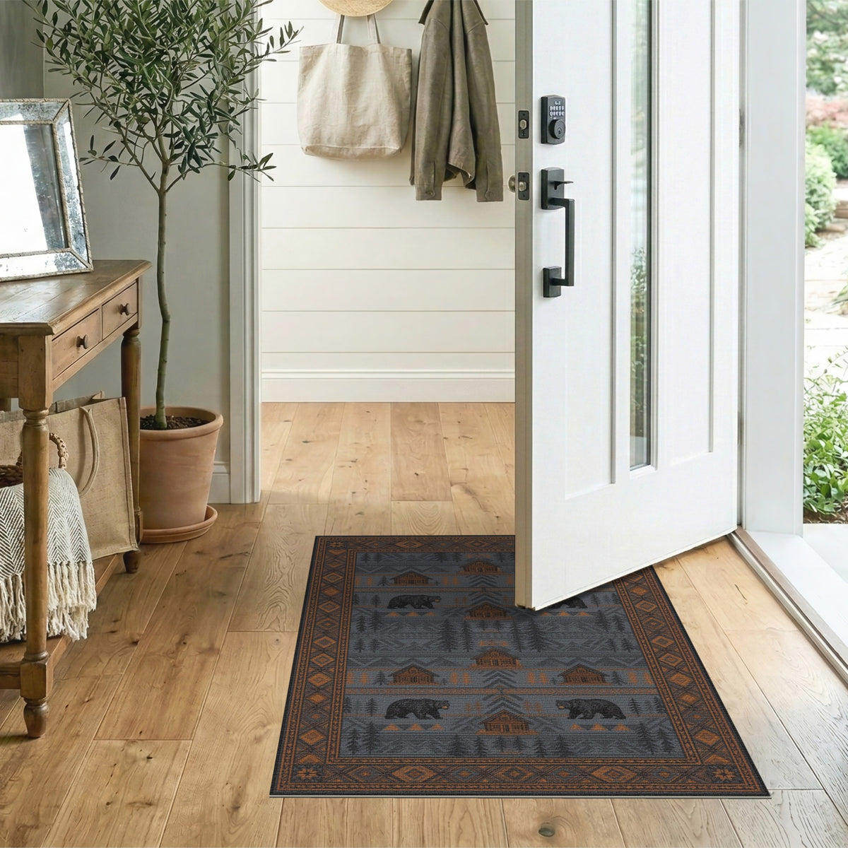 Grey Bear and Cabin Rustic Area Rug