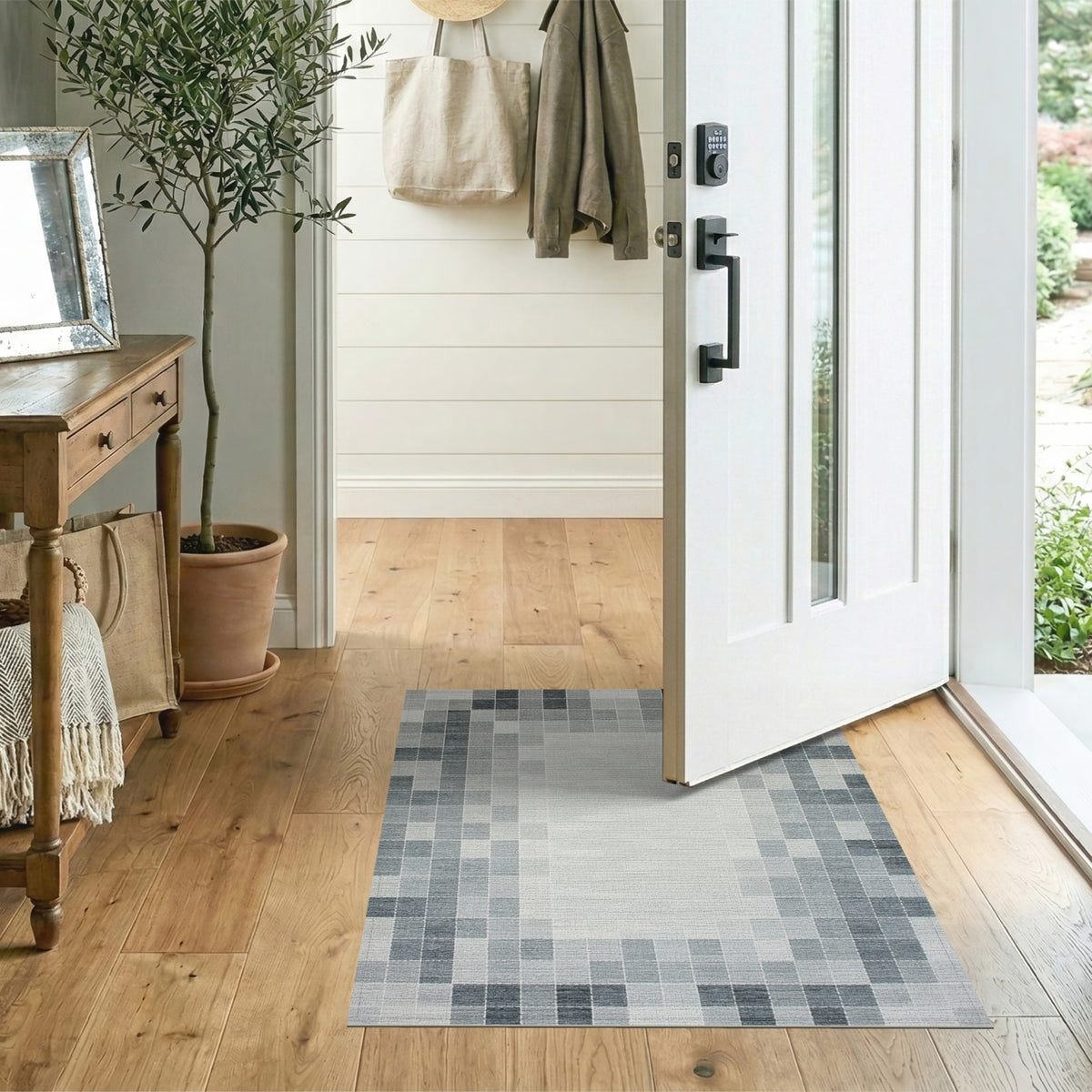 Grey Geometric Block Area Rug
