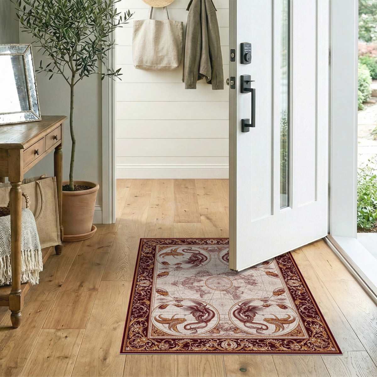 Vintage World Map Red Gold Creatures Area Rug