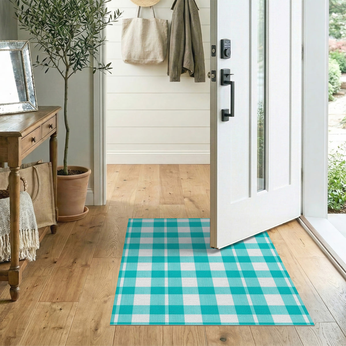 Blue and Teal Checkered Geometric Area Rug