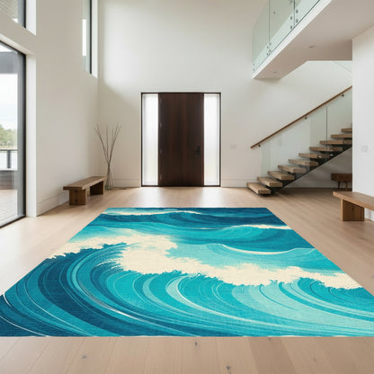 Teal Navy Swirling Waves Rug