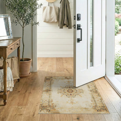 Beige and Neutral Distressed Beige Persian Medallion Area Rug