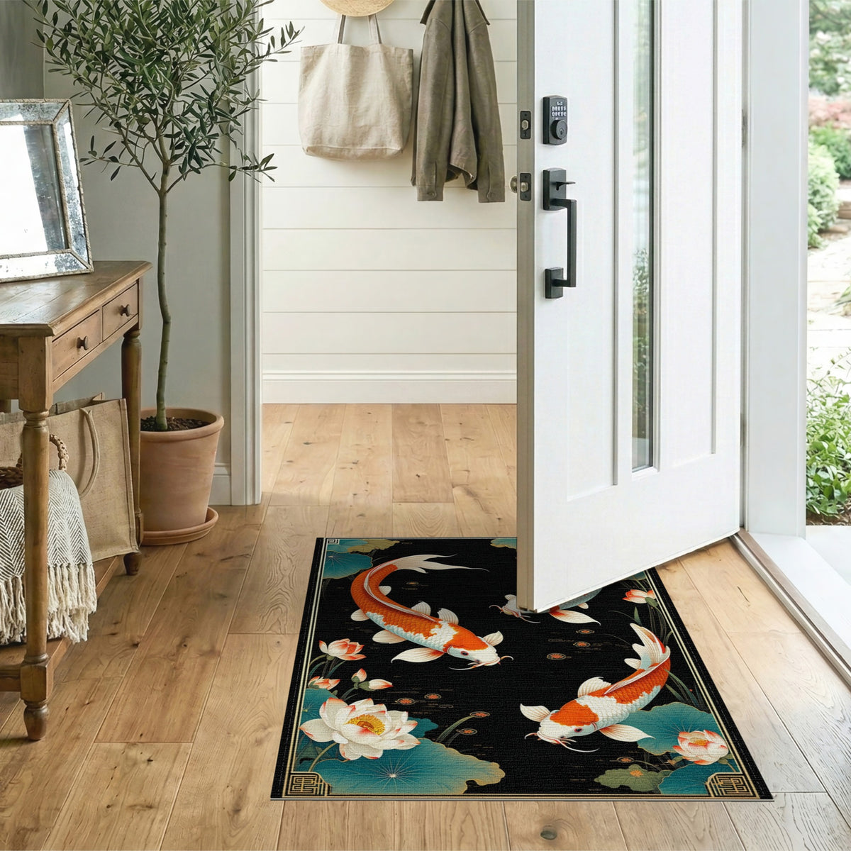 Multi-color and Patterns Koi Fish Lotus Black Area Rug