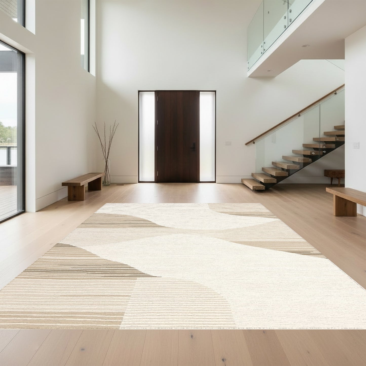 Abstract Beige Curved Stripes Rug