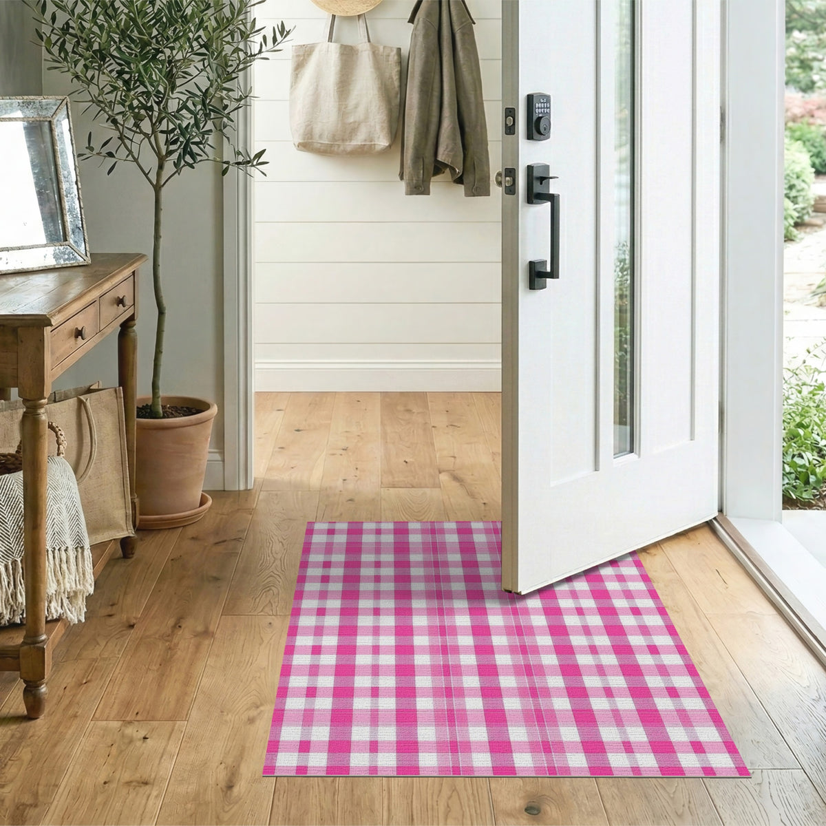 Pink Rustic Farmhouse Pink Gingham Check Washable Area Rug