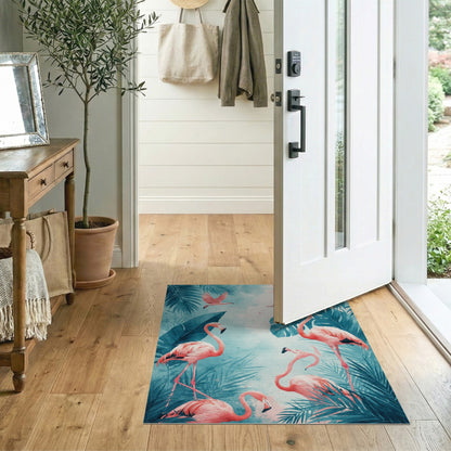 Pink Flamingo Teal Coastal Washable Area Rug