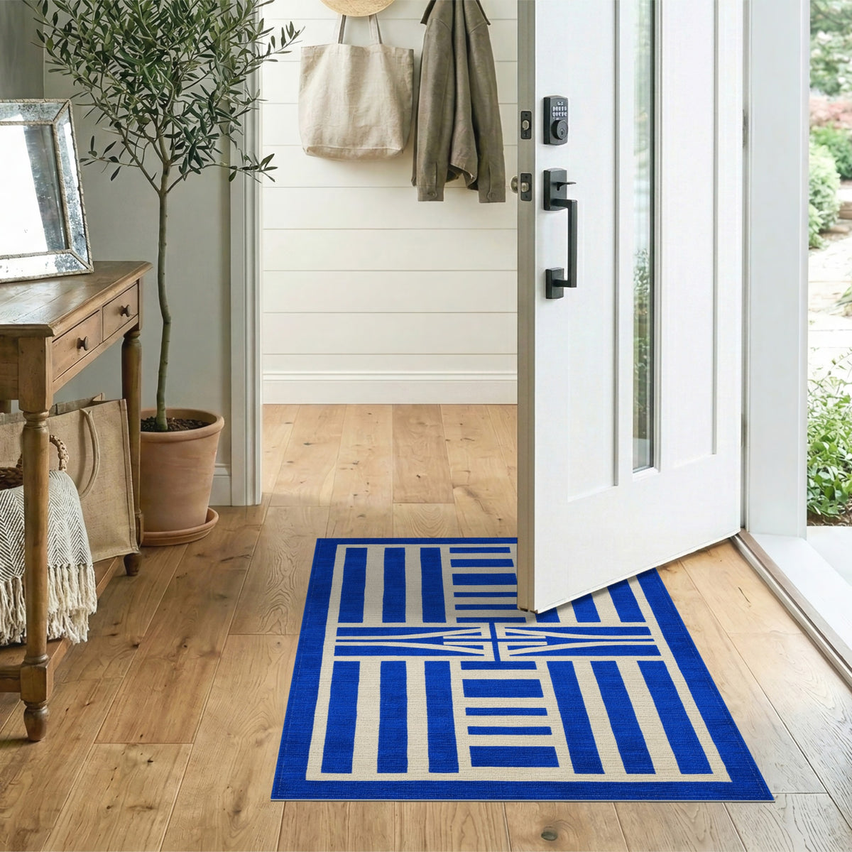 Blue Geometric Area Rug with Ivory Accents