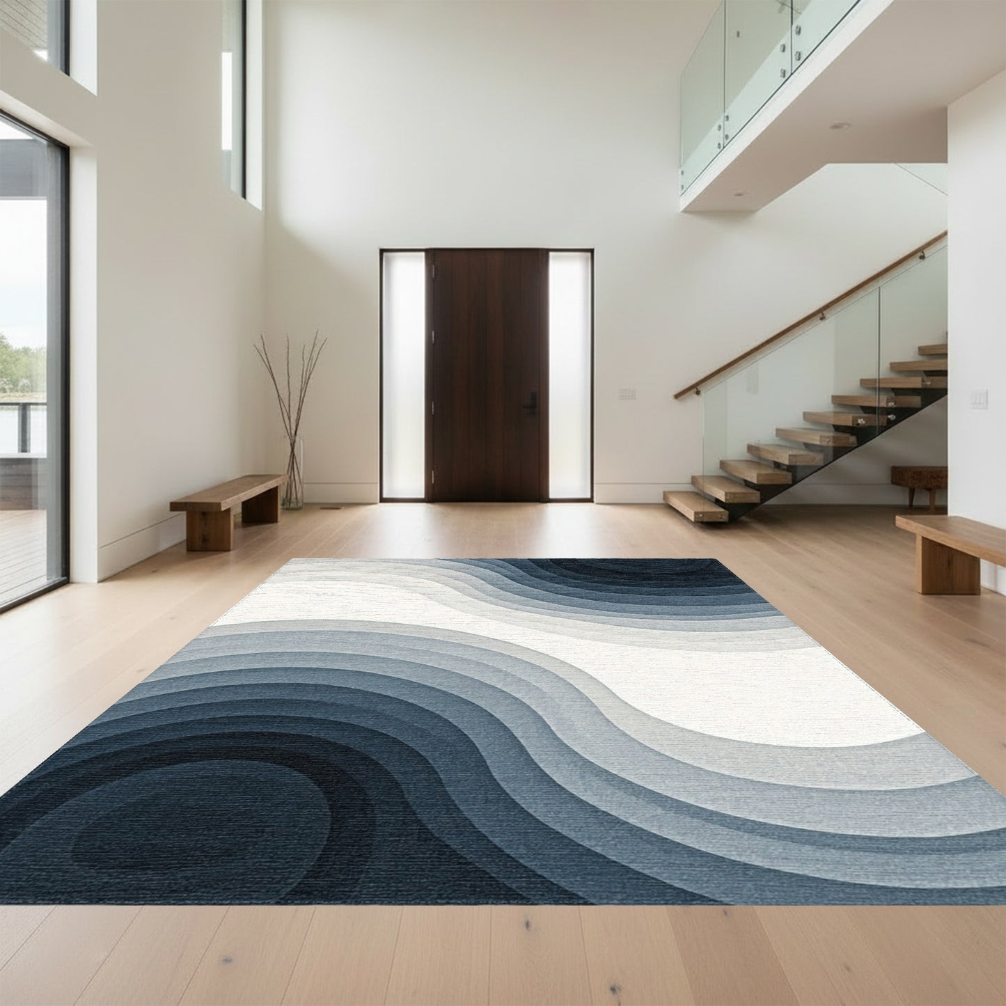 Layered Navy Gray Wave Rug