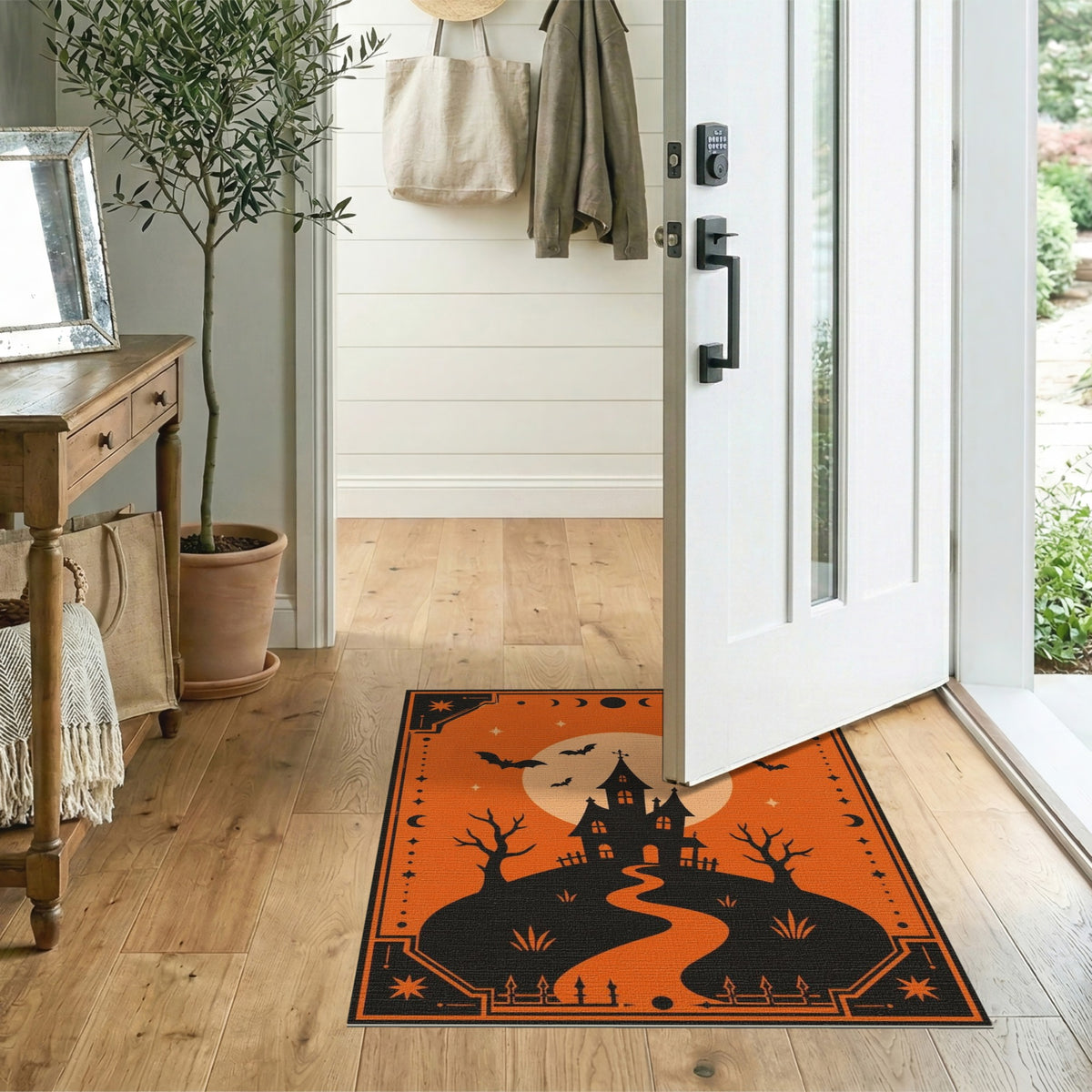 Spooky Haunted House Orange Halloween Area Rug