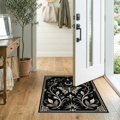 Moth Moon Floral Black White Area Rug