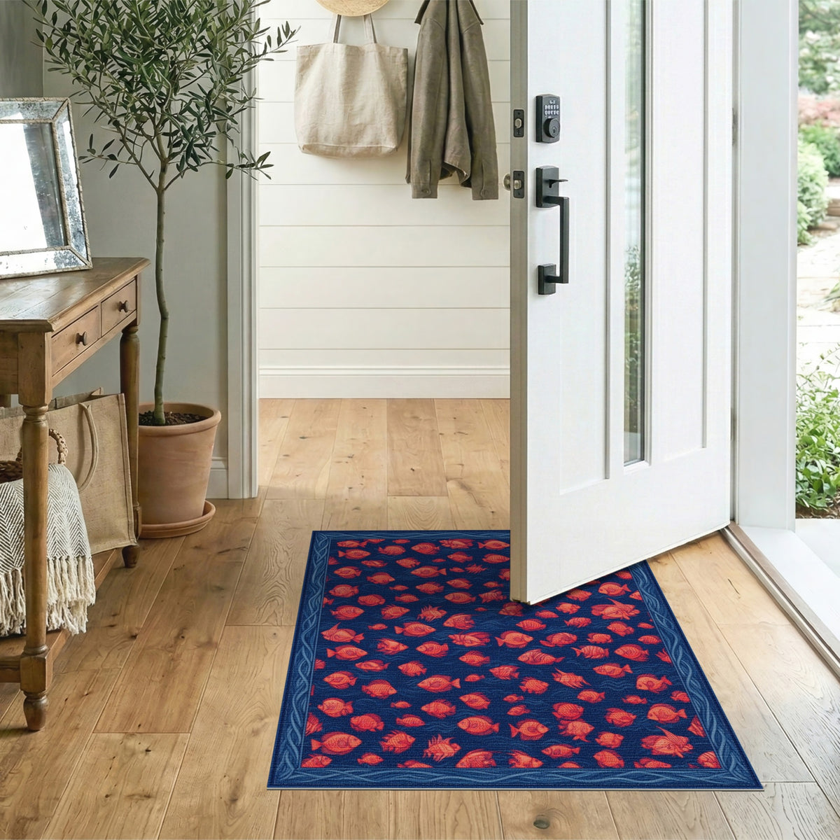 Blue and Teal Coastal Beach Blue Coastal Fish Area Rug