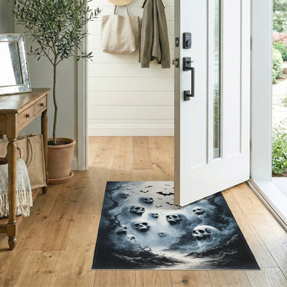 Eerie Skulls and Bats Black White Area Rug