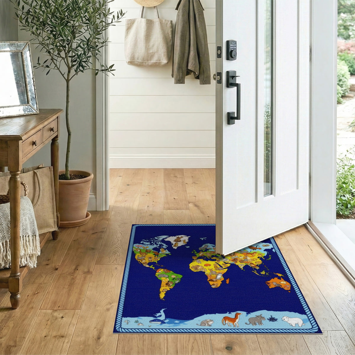 World Map Animals Kids Area Rug