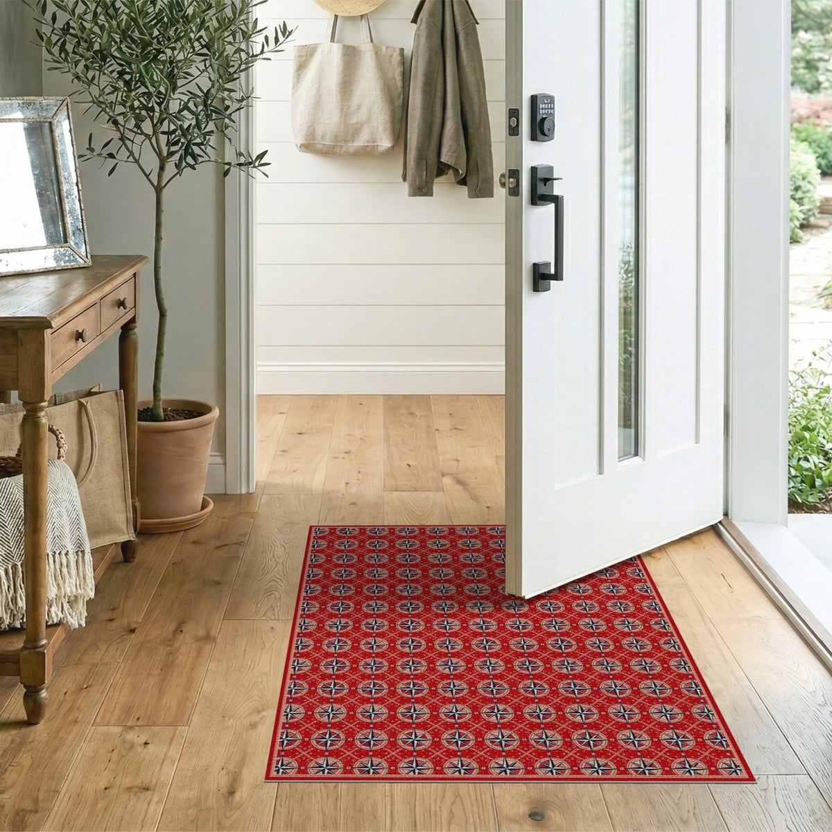 Red Nautical Compass Washable Area Rug