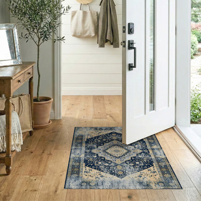 Navy Blue Distressed Vintage Medallion Rug