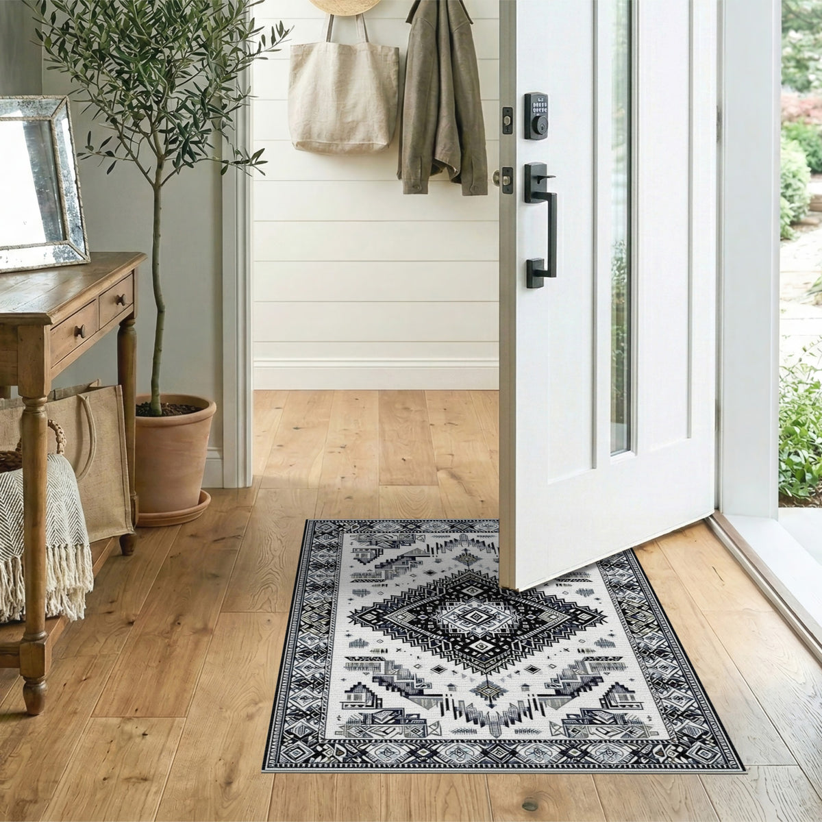 Black White Heritage Tribal Area Rug