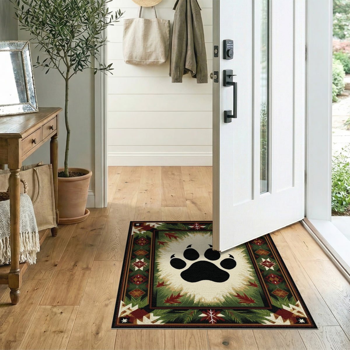 Bear Paw Print Green Rustic Area Rug
