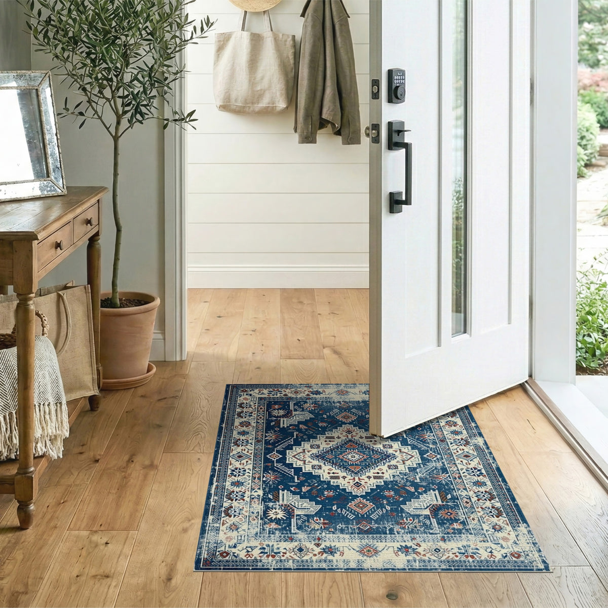 Blue and Teal Blue Distressed Tribal Area Rug