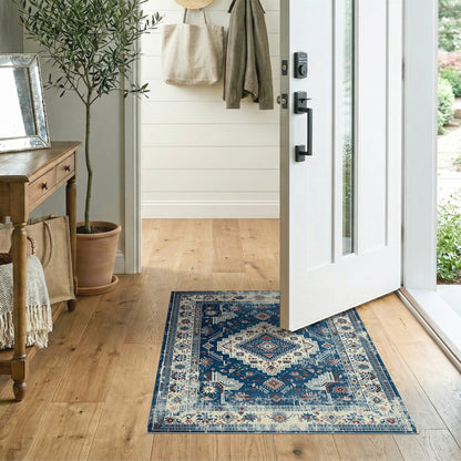Blue and Teal Blue Distressed Tribal Area Rug