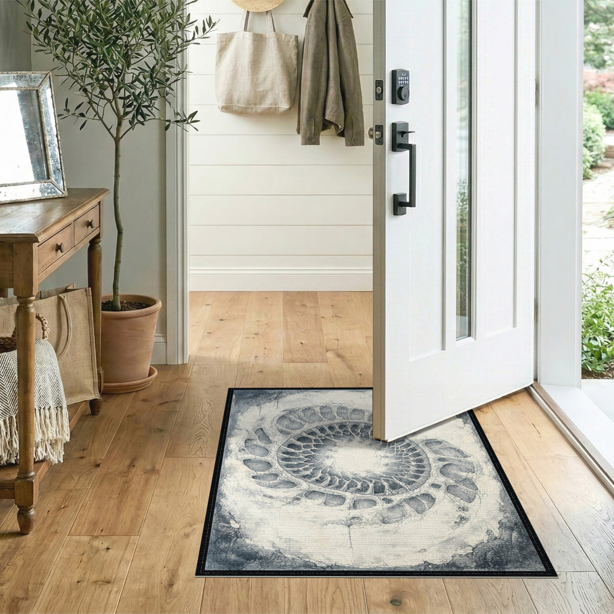 Black White Abstract Circular Area Rug