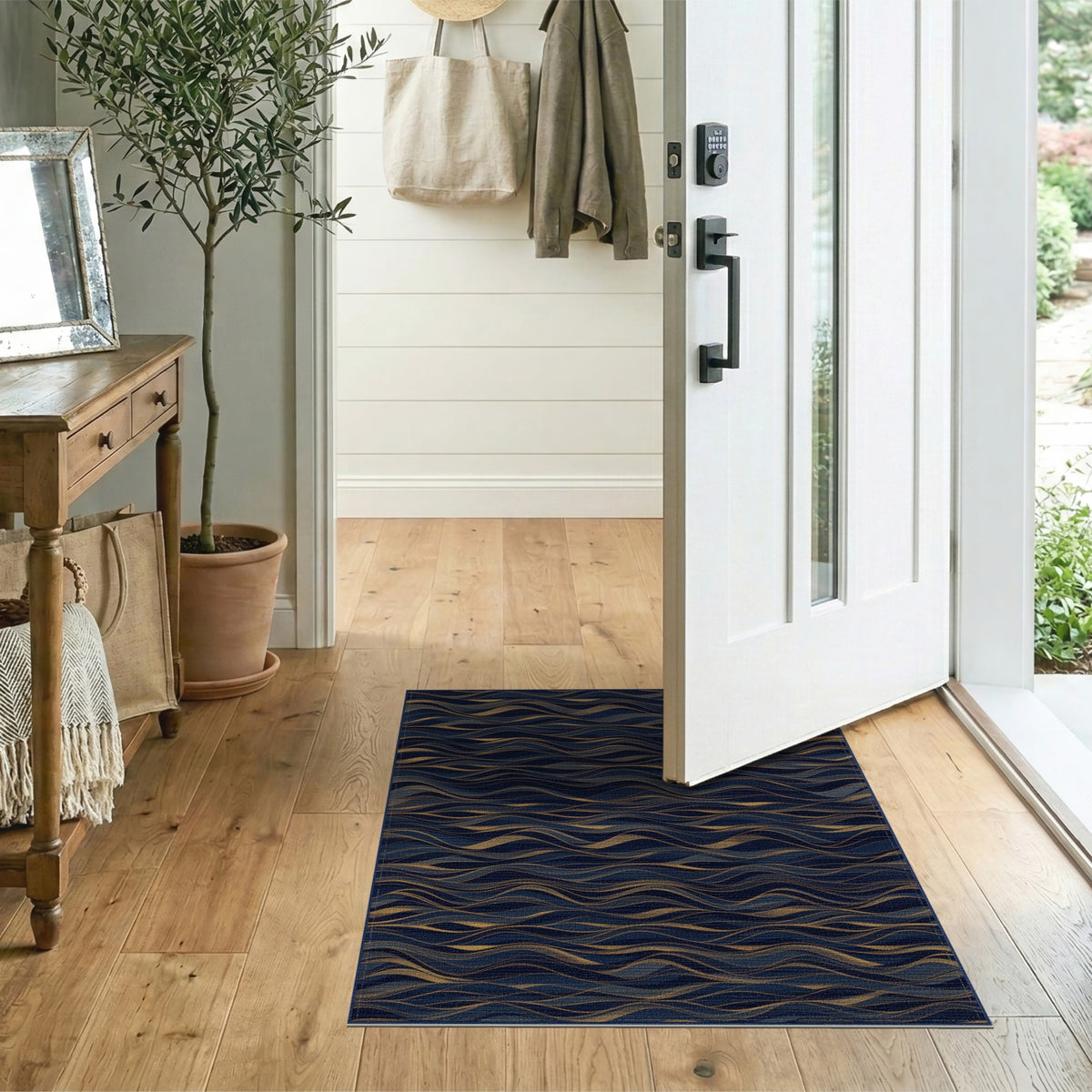 Abstract Area Navy Gold Wave Abstract Area Rug
