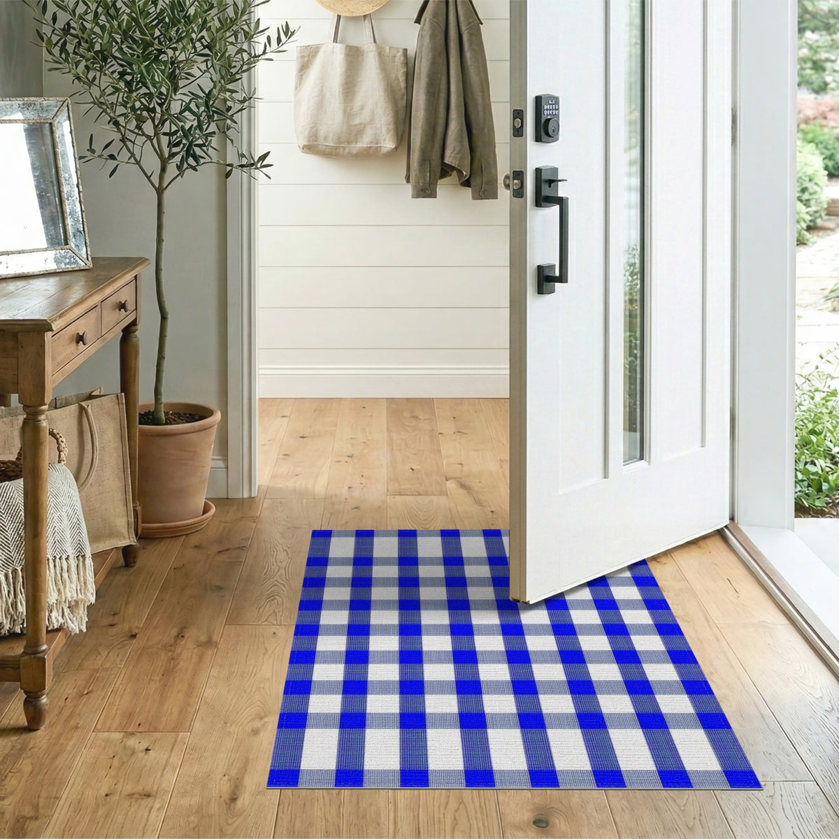 Blue Checkered Washable Geometric Modern Area Rug