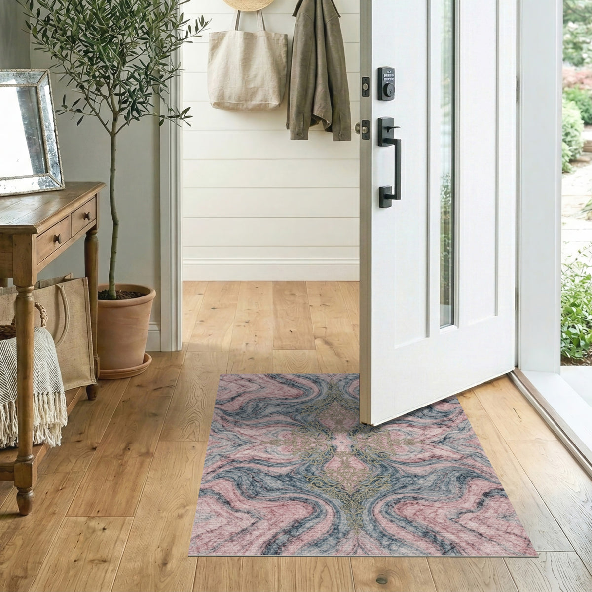 Pink Marble Gold Filigree Area Rug