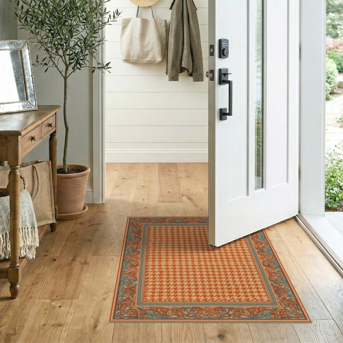 Orange Houndstooth Bordered Area Rug