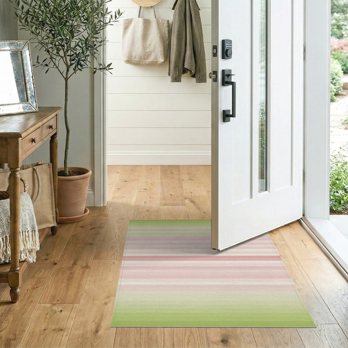 Pastel Pink Green Striped Washable Area Rug