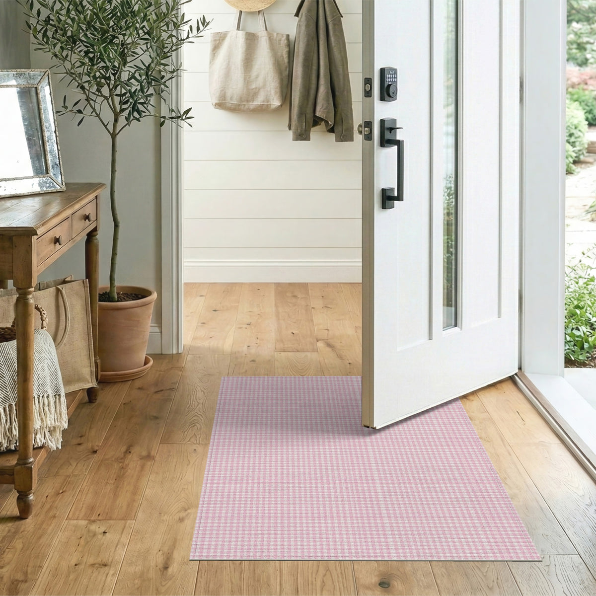 Pink Washable Pink Gingham Checkered Washable Area Rug