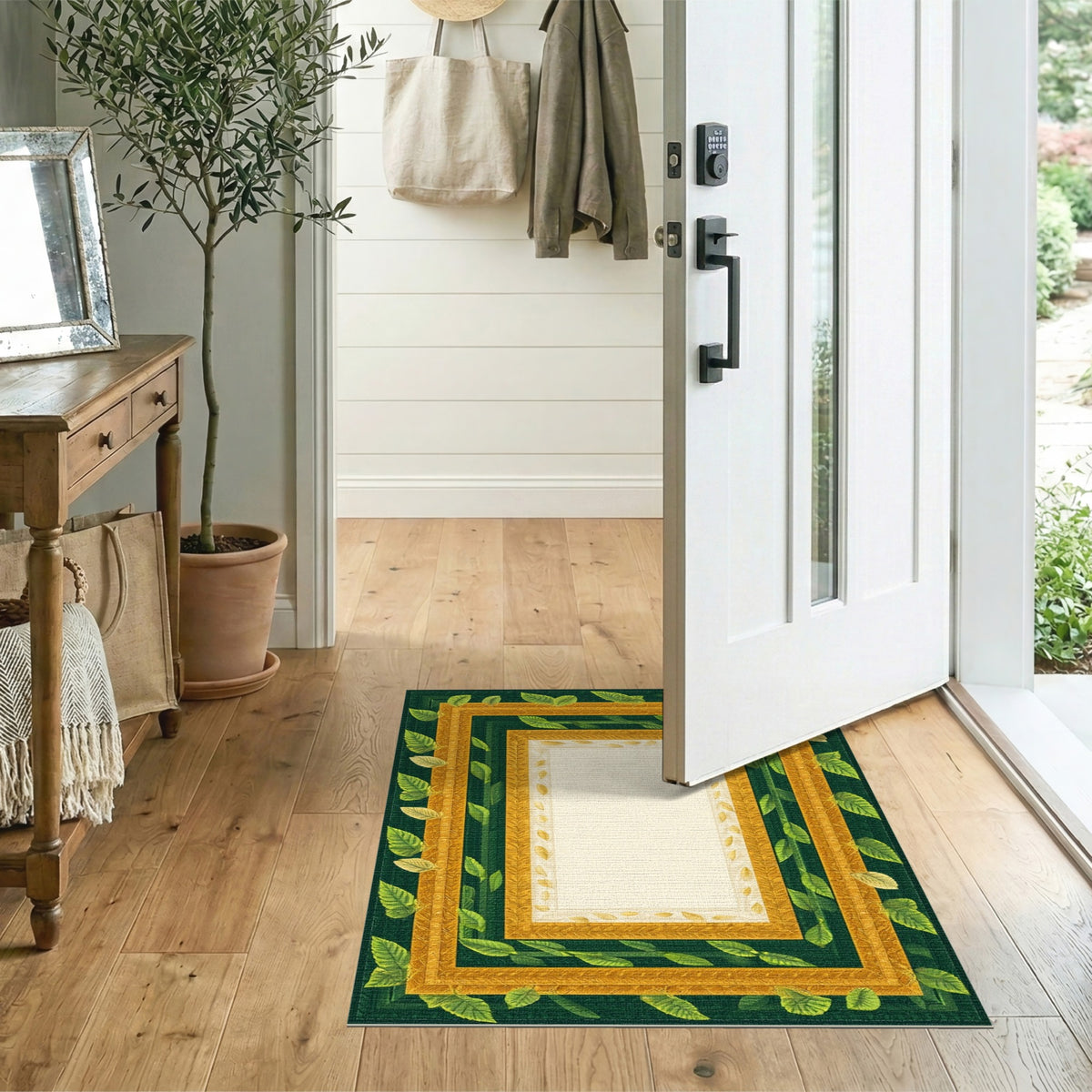 Green Gold Leaf Ornate Frame Area Rug